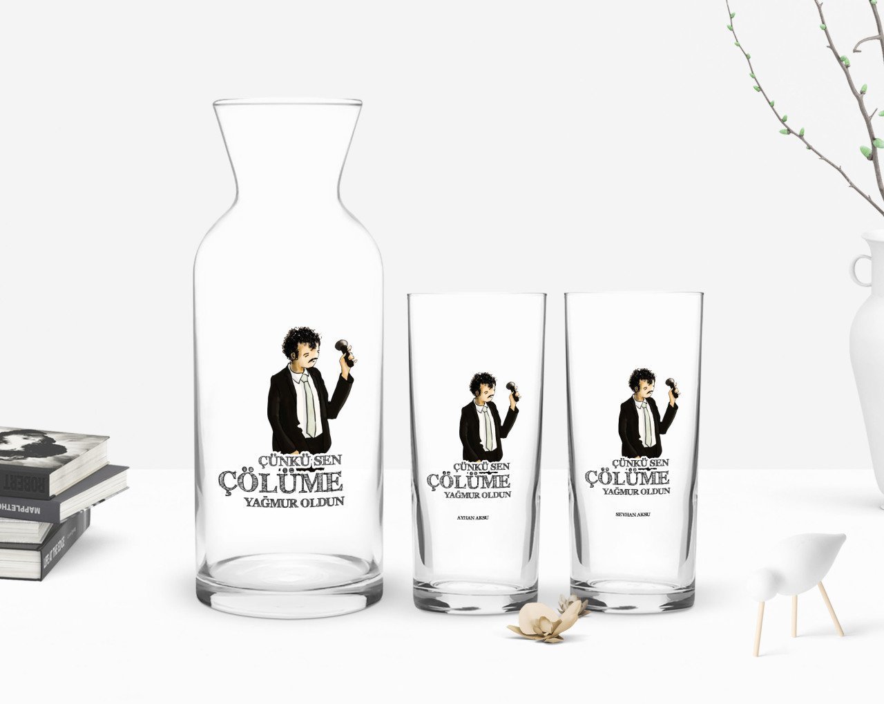Kişiye Özel Renkli Baskılı Çünkü Sen Çölüme Yağmur Oldun Tasarımlı İkili Rakı Bardağı ve Karaf Hediye Seti-2