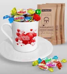 Kişiye Özel Sevgililer Günü Türk Kahvesi Fincanı Mehmet Efendi Kahve ve Haribo Şeker Hediye Seti-136