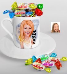 Kişiye Özel Bayan Karikatürlü Türk Kahvesi Fincanı ve Haribo Şeker Hediye Seti-37