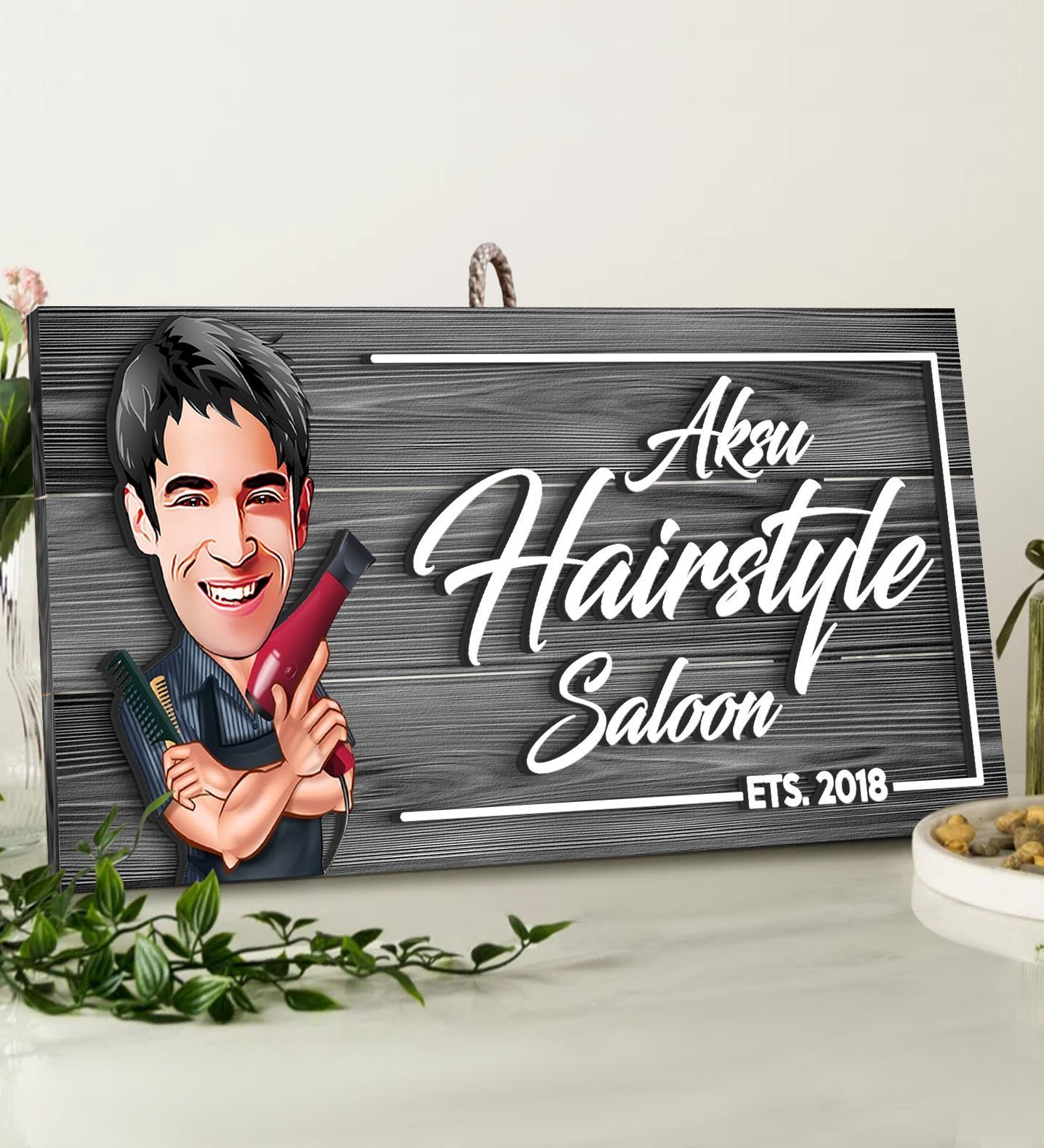 BK Gift Kişiye Özel Hairstyle Saloon Karikatürlü Gri Dekoratif Ahşap Tabela