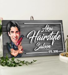 BK Gift Kişiye Özel Hairstyle Saloon Karikatürlü Gri Dekoratif Ahşap Tabela