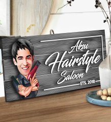 BK Gift Kişiye Özel Hairstyle Saloon Karikatürlü Gri Dekoratif Ahşap Tabela