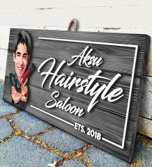 BK Gift Kişiye Özel Hairstyle Saloon Karikatürlü Gri Dekoratif Ahşap Tabela