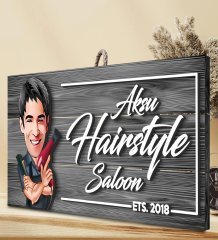 BK Gift Kişiye Özel Hairstyle Saloon Karikatürlü Gri Dekoratif Ahşap Tabela