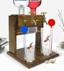 Kişiye Özel Renkli Baskılı Harf ve İsim Tasarımlı İkili Vodka Bardağı ve Çift Musluklu Doğal Ahşap Vodka Standı-5