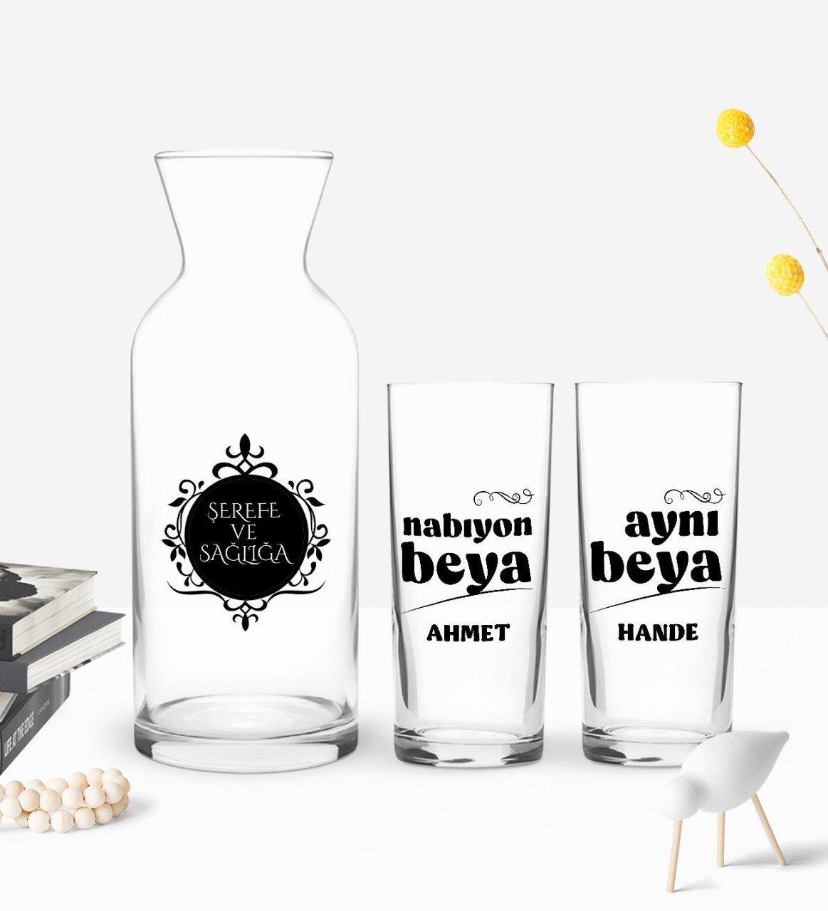 Kişiye Özel Renkli Baskılı Nabıyon Beya -  Aynı Beya Tasarımlı İkili Rakı Bardağı ve Karaf Hediye Seti-1