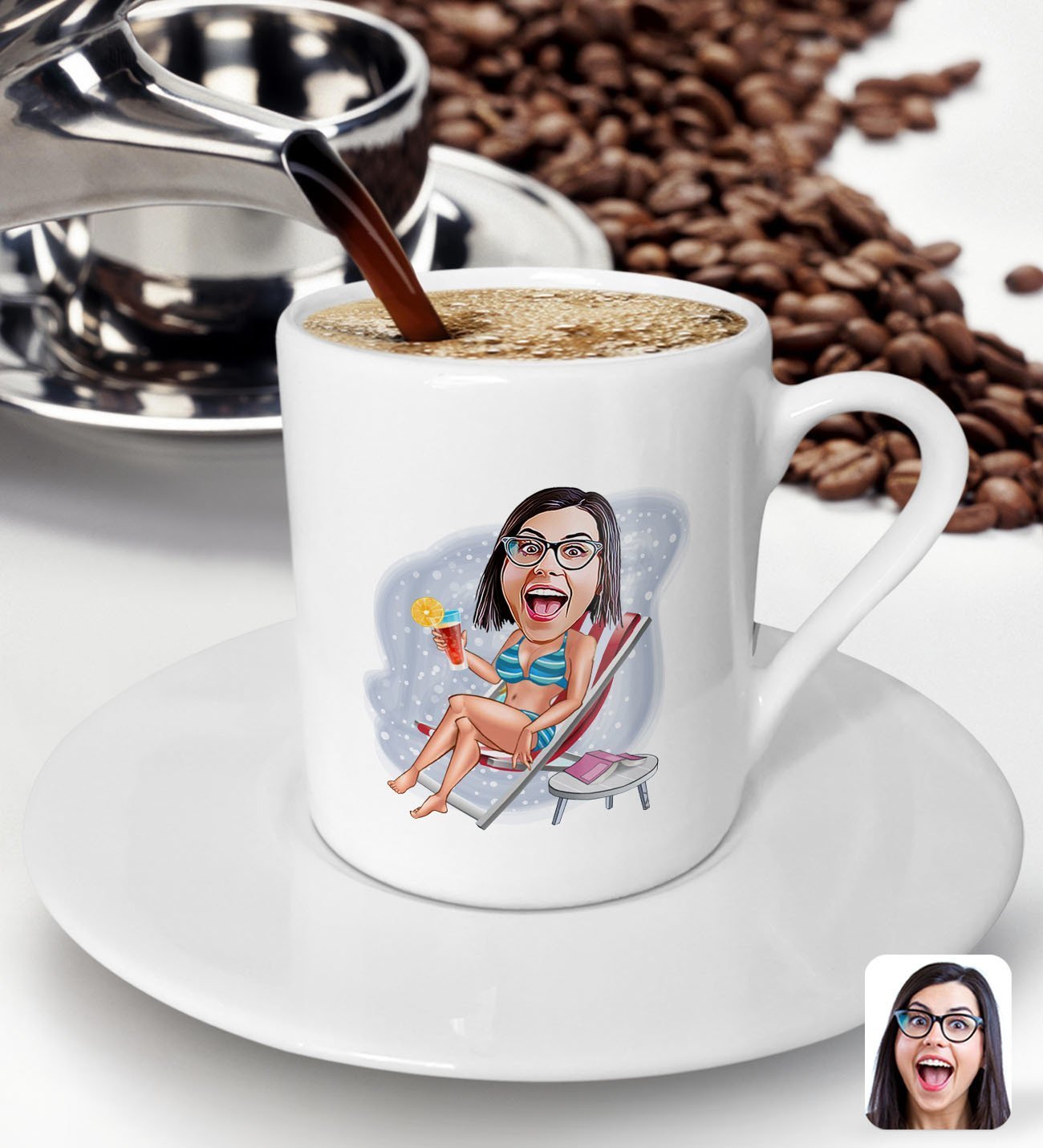BK Gift Kişiye Özel Tatilci Kadın Karikatürlü Türk Kahvesi Fincanı-2