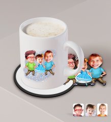 Kişiye Özel 3 Kardeş Karikatürlü Beyaz Kupa ve Ahşap Bardak Altlığı Hediye Seti-2