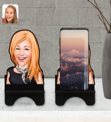 Kişiye Özel Kadın Karikatürlü Ahşap Biblo Telefon Standı-75