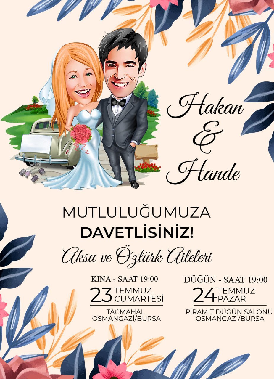 Kişiye Özel Karikatürlü Bitmeyen Düğün Davetiyesi Model 84