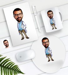 Kişiye Özel Bay Başhekim Karikatürlü Defter Kalem Kupa Mouse Pad Seti