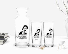 Kişiye Özel Renkli Baskılı Çünkü Sen Çölüme Yağmur Oldun Tasarımlı İkili Rakı Bardağı ve Karaf Hediye Seti-1