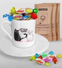 Kişiye Özel Sevgililer Günü Türk Kahvesi Fincanı Mehmet Efendi Kahve ve Haribo Şeker Hediye Seti-135