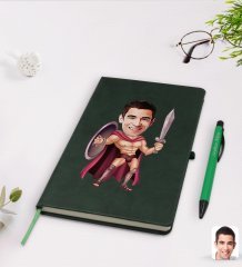 Kişiye Özel Spartalı Karikatürlü Yeşil Termo Deri Defter Kalem Seti Model 1
