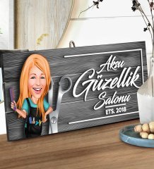BK Gift Kişiye Özel Güzellik Salonu Karikatürlü Gri Dekoratif Ahşap Tabela