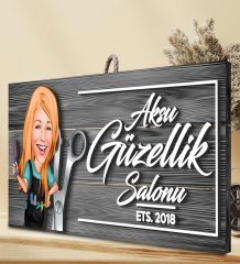 BK Gift Kişiye Özel Güzellik Salonu Karikatürlü Gri Dekoratif Ahşap Tabela