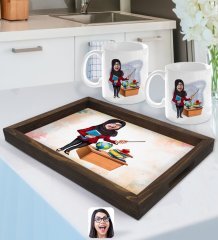 Kişiye Özel Kadın Tesettürlü Öğretmen Karikatürlü Doğal Ahşap Tepsi ve 2’li Kupa Bardak Seti-1