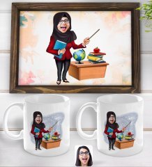 Kişiye Özel Kadın Tesettürlü Öğretmen Karikatürlü Doğal Ahşap Tepsi ve 2’li Kupa Bardak Seti-1