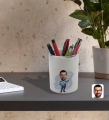 BK Gift Kişiye Özel Erkek Öğretmen Karikatürlü Beyaz Akrilik Kalemlik - Model 2