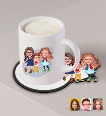 Kişiye Özel 3 Kardeş Karikatürlü Beyaz Kupa ve Ahşap Bardak Altlığı Hediye Seti-1