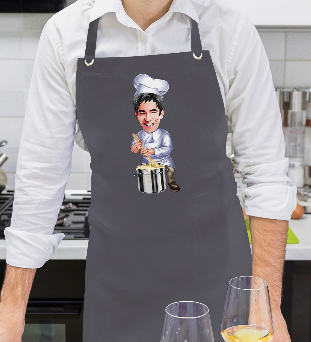BK Gift Kişiye Özel Erkek Chef Karikatürlü Profesyonel Antrasit Mutfak Önlüğü, Aşçı Önlüğü, Şef Önlüğü, Arkadaşa Hediye-6