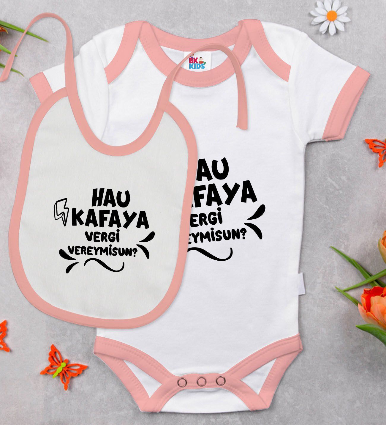 BK Kids Hau Kafaya Tasarımlı Pembe Bebek Body Zıbın ve Mama Önlüğü Hediye Seti-1