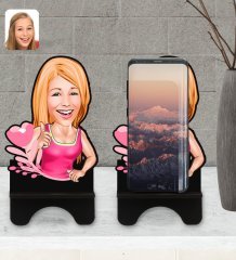 Kişiye Özel Kadın Karikatürlü Ahşap Biblo Telefon Standı-49