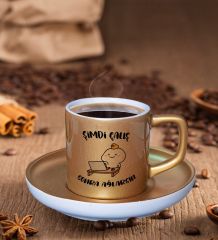 BK Gift Şimdi Çalış Tasarımlı Mat Altın Yaldız Renk Türk Kahvesi Fincanı-1, Renkli Türk Kahvesi Fincanı