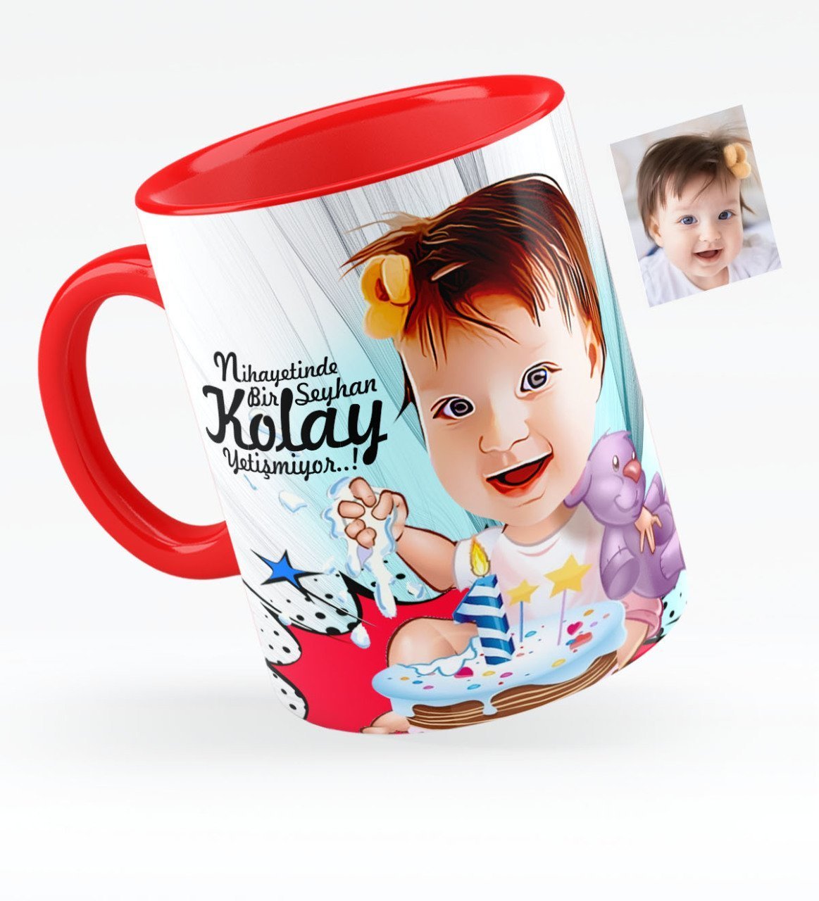 Kişiye Özel Bebek Doğum Günü Karikatürlü Kırmızı Kupa Bardak - 2