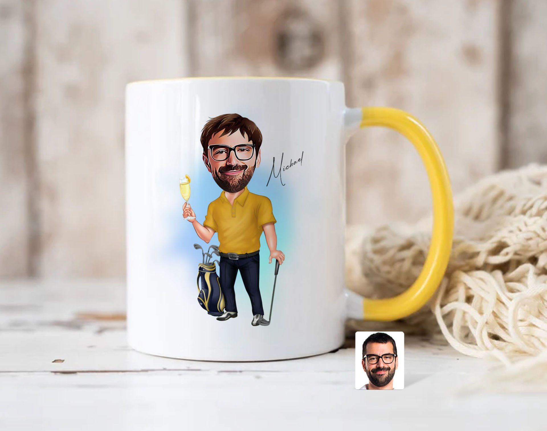 Bk Gift Kişiye Özel Golf Oyuncusu Karikatürlü Sarı Kupa Bardak-4, Sevgiliye Hediye, Arkadaşa Hediye