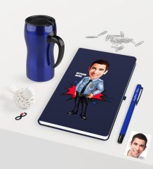 Kişiye Özel Bay Polis Karikatürlü Lacivert Defter Kalem Termos Mug Seti - 1