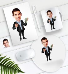 Kişiye Özel Bay Bankacı Karikatürlü Defter Kalem Kupa Mouse Pad Seti-1