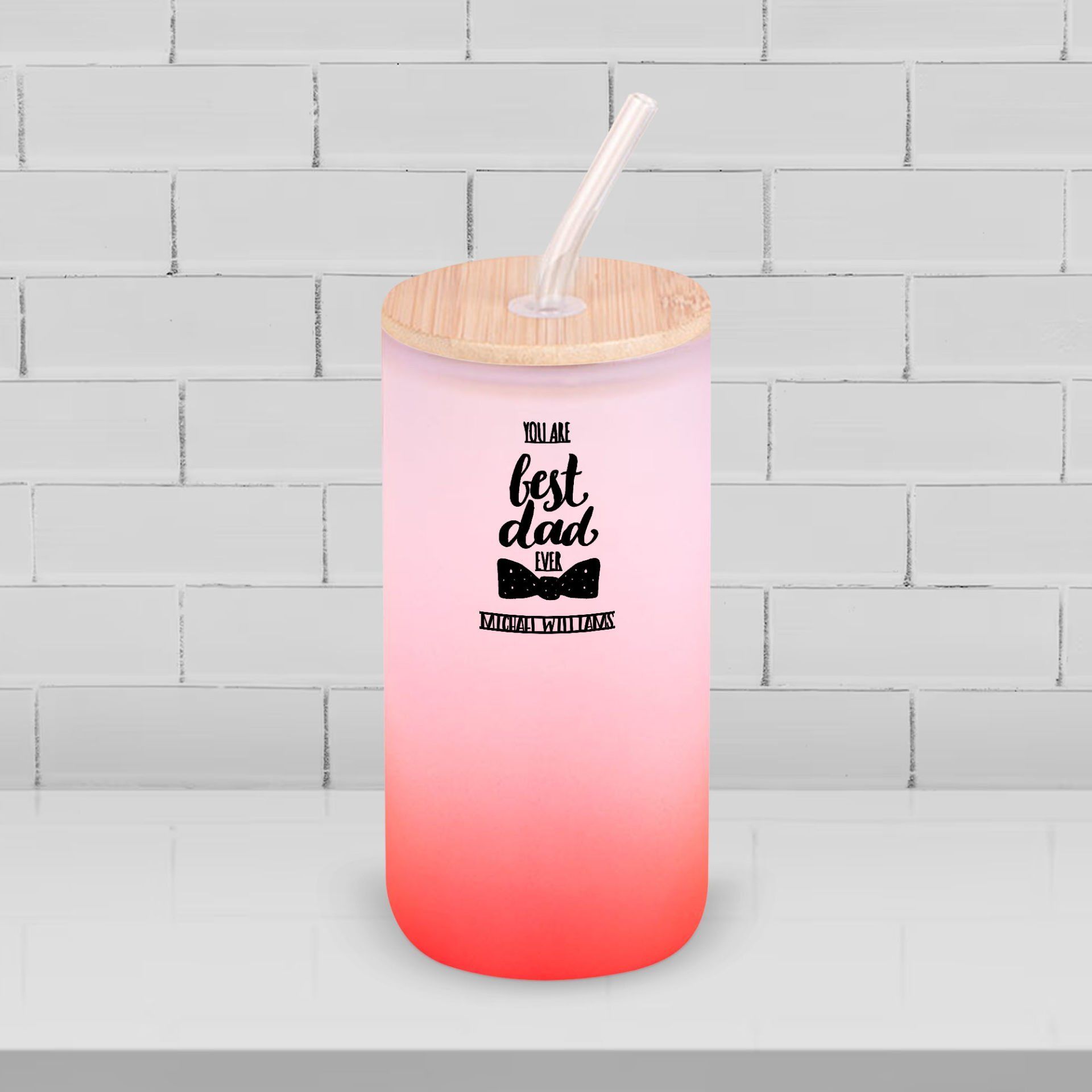 BK Gift İsimli Dad Tasarımlı Kırmızı Renk Pipetli Buzlu Cam Bardak 600ml - 4, Babaya Hediye, Doğum Günü Hediyesi