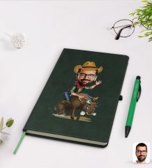 Kişiye Özel Rodeo Karikatürlü Yeşil Termo Deri Defter Kalem Seti Model 1
