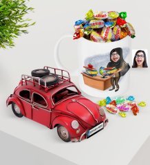 Kişiye Özel Bayan Öğretmen Plakalı Nostaljik Kırmızı Metal Vosvos ve Kupa Haribo Şeker Seti-8