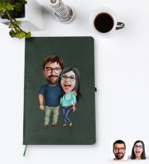 Kişiye Özel Sevgililer Karikatürlü Yeşil Termo Deri Defter Model 109