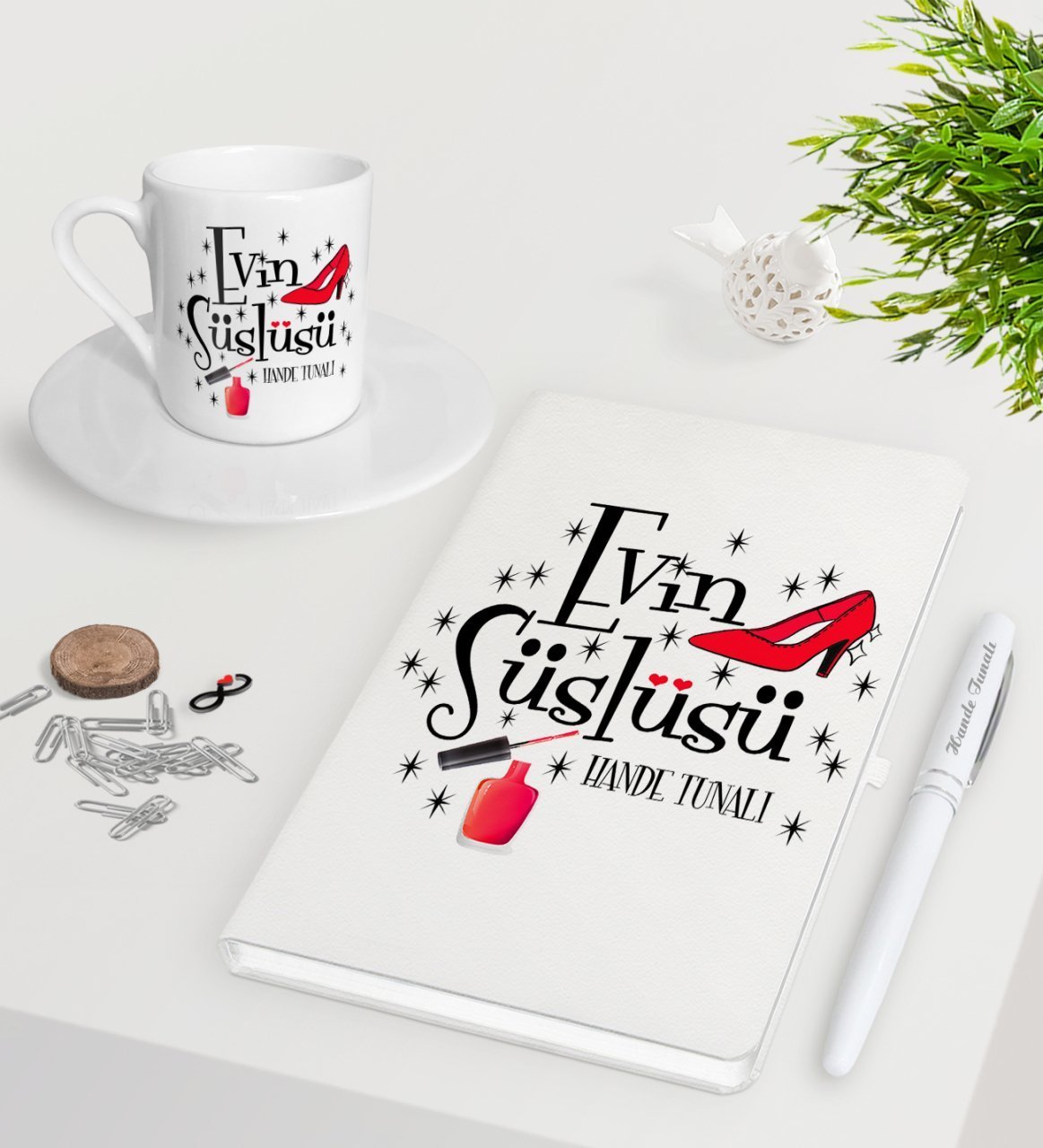 Kişiye Özel Evin Süslüsü Beyaz Defter Kalem Türk Kahvesi Fincanı Seti-2