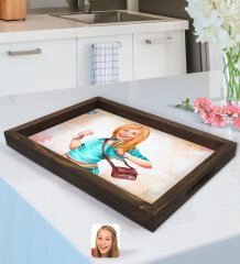 Kişiye Özel Kadın Karikatürlü Doğal Ahşap Tepsi-52