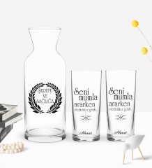 Kişiye Özel Renkli Baskılı Mumla Ararken Tasarımlı İkili Rakı Bardağı ve Karaf Hediye Seti-1