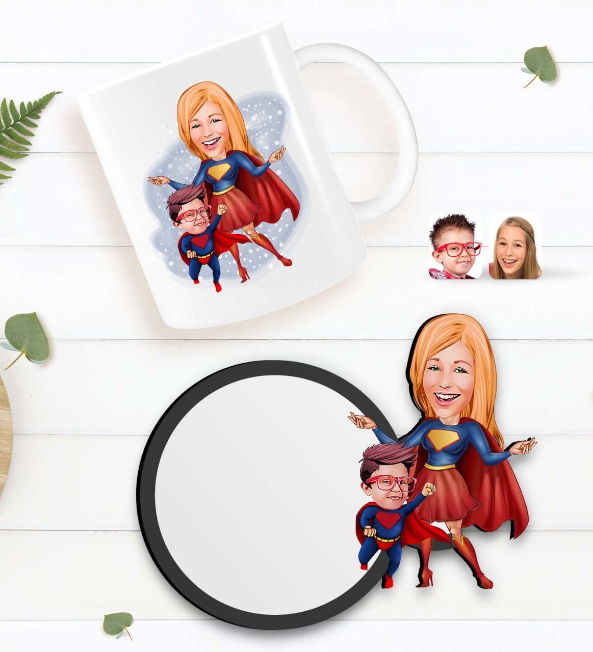 Kişiye Özel Süper Anne ve Çocuk Karikatürlü Beyaz Kupa ve Ahşap Bardak Altlığı Hediye Seti-1