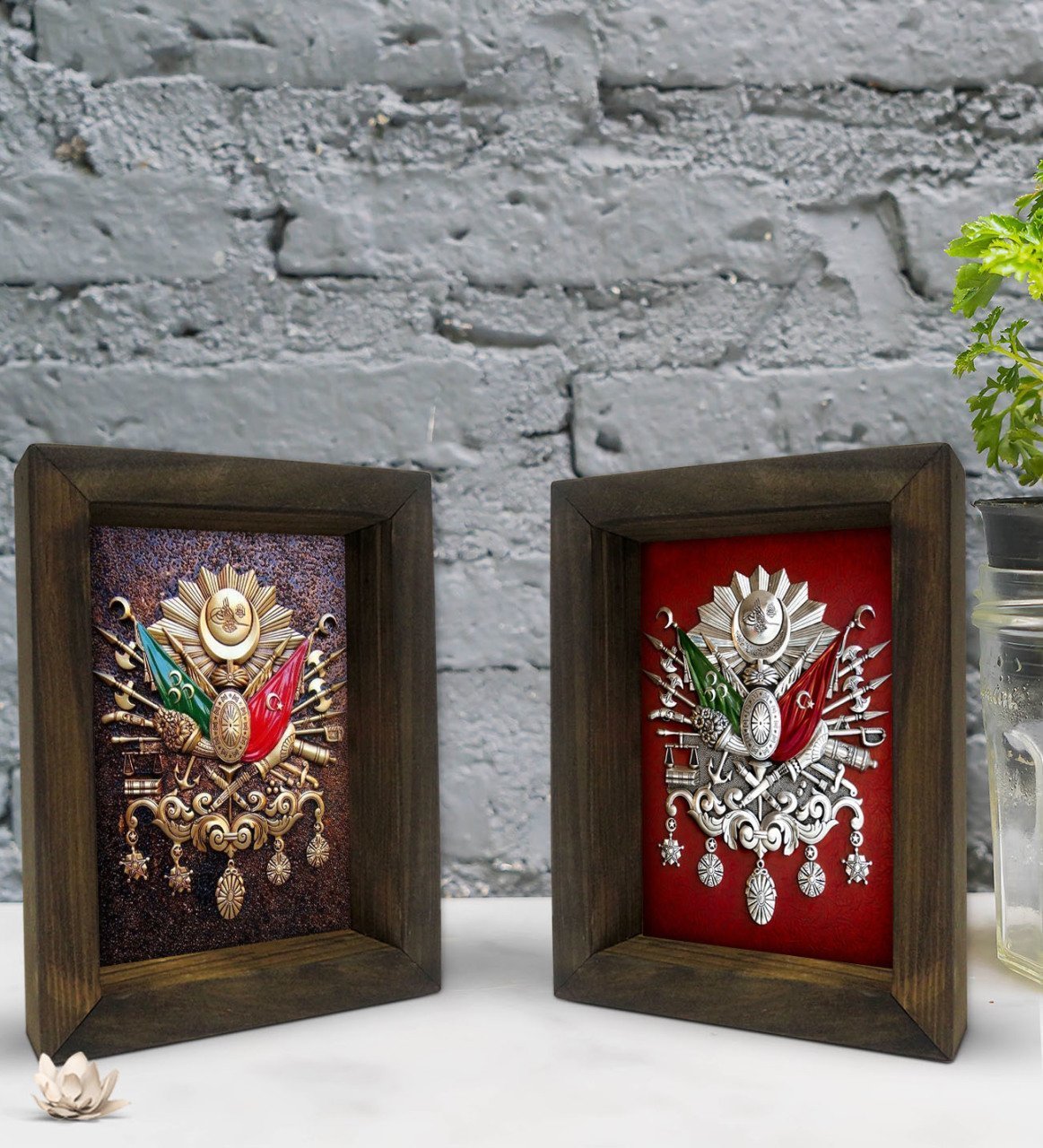 Bk Gift Osmanlı Arması Tasarımlı Dekoratif 2'li Doğal Masif Ahşap Çerçeve 15x20cm-2