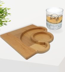 Kişiye Özel Baş Harfli İsimli Viski Bardağı ve Doğal Masif Ahşap Yarım Ay Sunum Tabağı Çerezlik Hediye Seti-5
