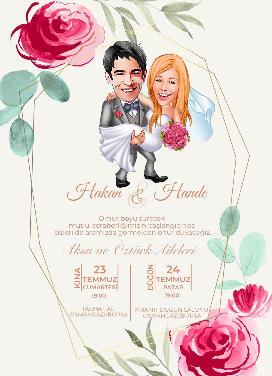 Kişiye Özel Karikatürlü Bitmeyen Düğün Davetiyesi Model 82