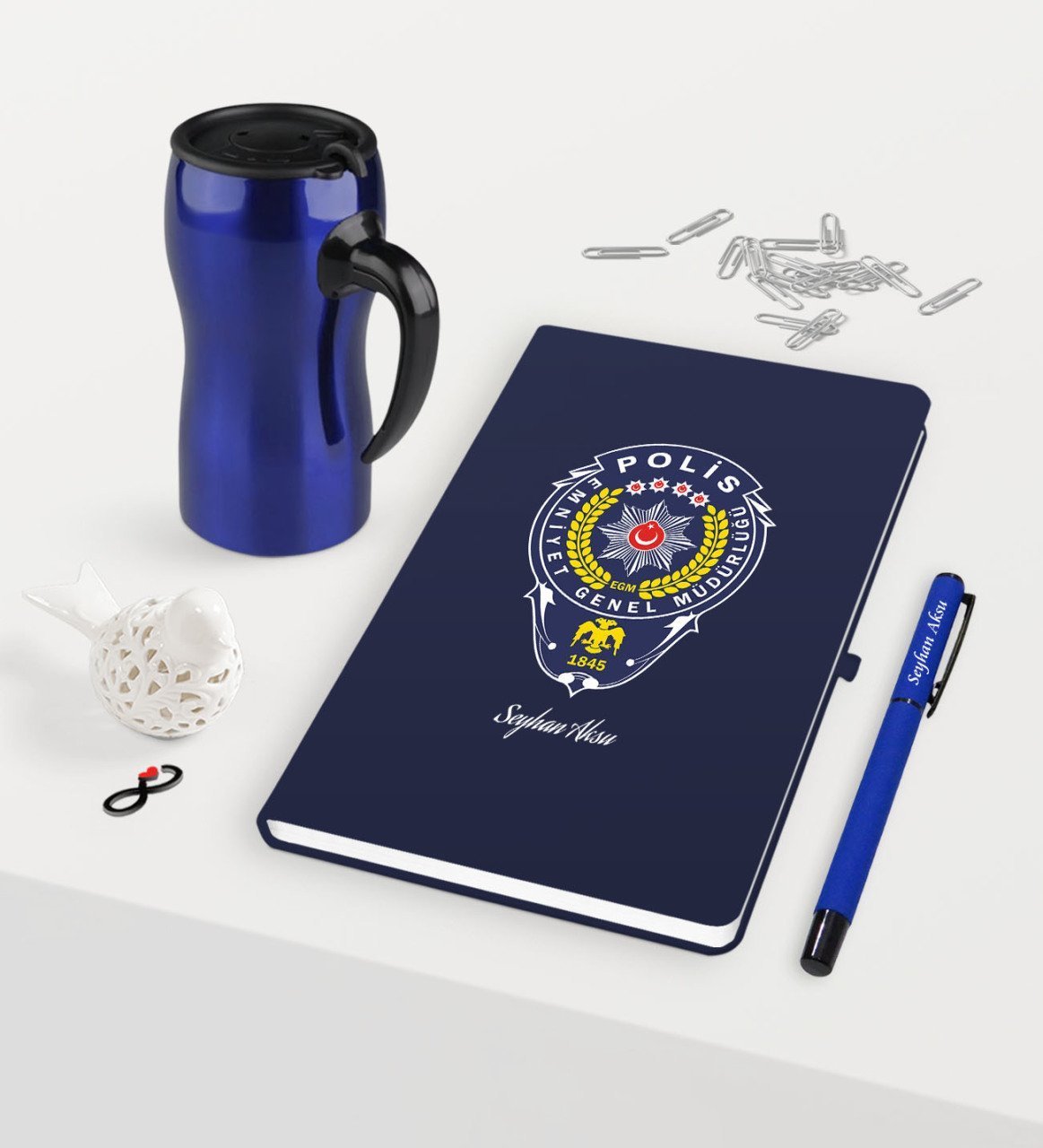 Kişiye Özel Polis Temalı Lacivert Defter Kalem Termos Mug Seti - 2