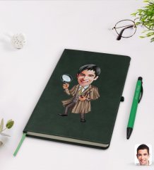 Kişiye Özel Müfettiş Karikatürlü Yeşil Termo Deri Defter Kalem Seti Model 1