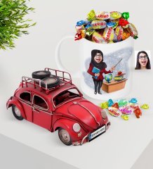 Kişiye Özel Bayan Öğretmen Plakalı Nostaljik Kırmızı Metal Vosvos ve Kupa Haribo Şeker Seti-7