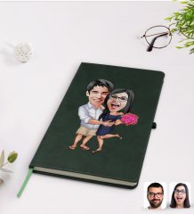 Kişiye Özel Sevgililer Karikatürlü Yeşil Termo Deri Defter Model 108