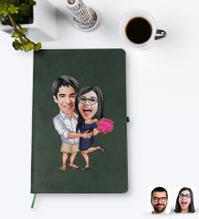 Kişiye Özel Sevgililer Karikatürlü Yeşil Termo Deri Defter Model 108