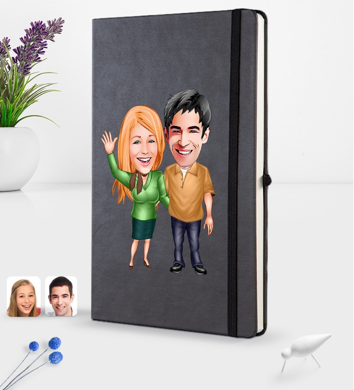 Kişiye Özel Sevgililer Karikatürlü Siyah Termo Deri Defter 16x24cm Model 110