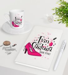 Kişiye Özel Evin Süslüsü Beyaz Defter Kalem Türk Kahvesi Fincanı Seti-1